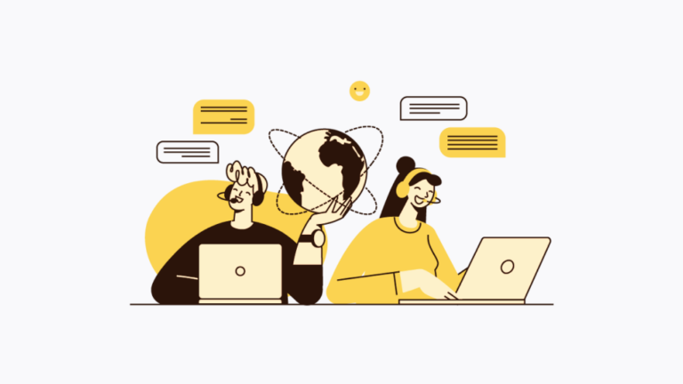 Illustration of two people having a conversation on a laptop for managed web hosting customer service.