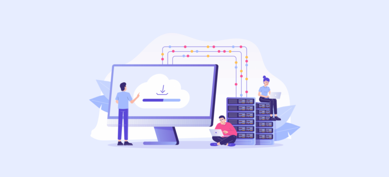 Illustration of professionals managing web hosting servers efficiently, demonstrating how managed web hosting can save your business time and money.