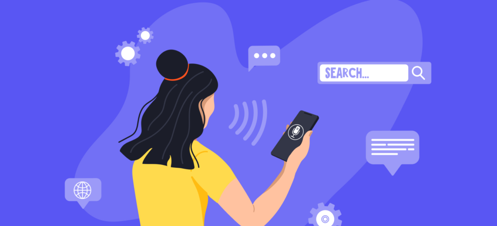 Illustration of a person using a smart speaker to interact with a voice assistant, symbolizing the rise of voice assistants and the optimization for voice search in the digital era.